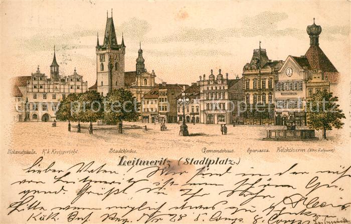 Leitmeritz Litomerice Nordboehmen Stadtplatz Rolandsaeule Kreisgericht Stadtkirc