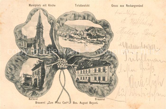 Neckargemuend Marktplatz Kirche Panorama Brauerei Zum Prinz Carl Kleeblatt Litho