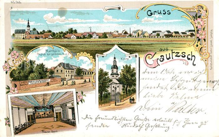 Gautzsch Panorama Gasthof Saal Kirche Litho