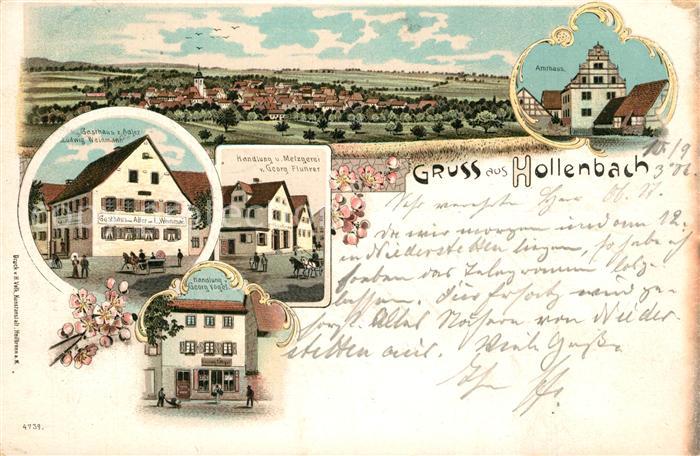Hollenbach Mulfingen Panorama Amtshaus Gasthaus Handlung Metzgerei Litho
