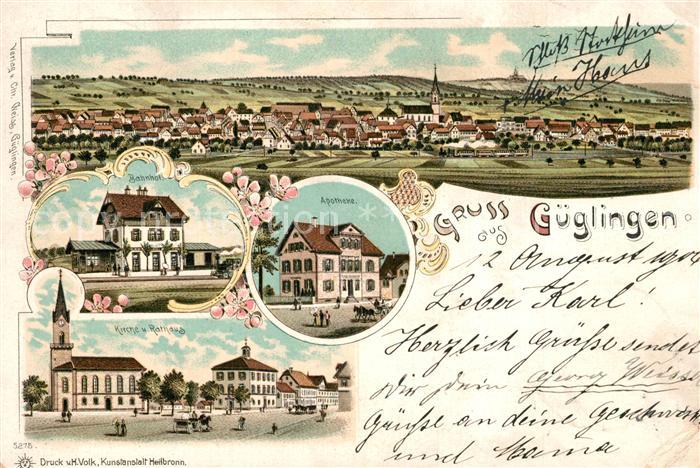 Gueglingen Panorama Bahnhof Apotheke Kirche Rathaus Litho