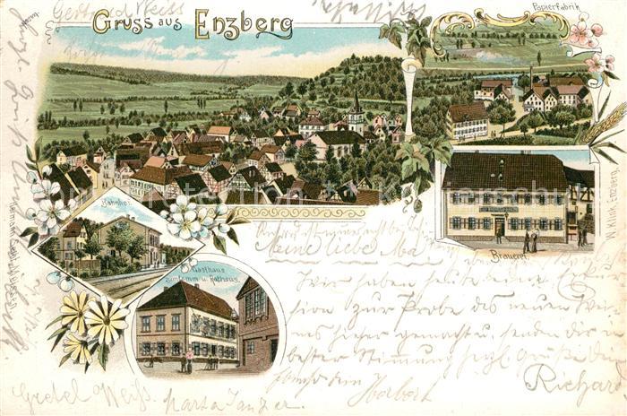 Enzberg Panorama Papierfabrik Brauerei Gasthaus Bahnhof Litho