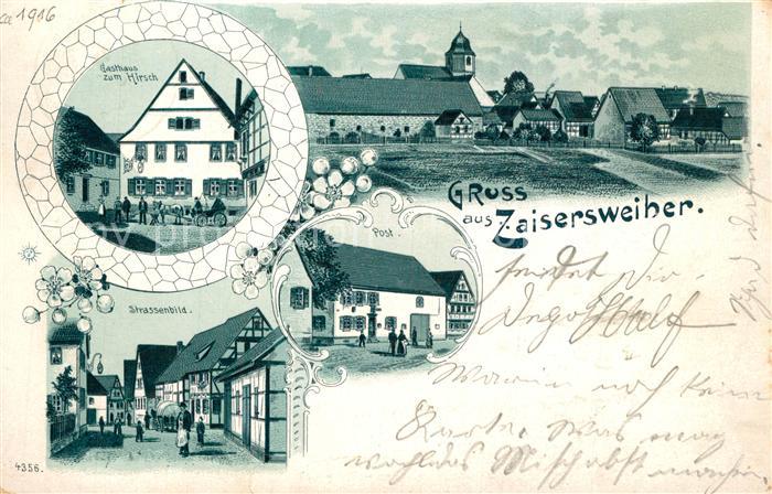 Zaisersweiher Motiv mit Kirche Gasthaus Post Strassenbild Litho