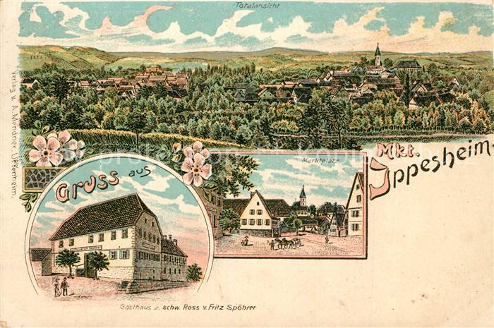 Ippesheim Mittelfranken Panorama Gasthaus Marktplatz Litho