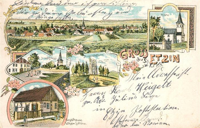 Etzin Panorama Kirche Hauptstrasse Aussichtsturm Geschaeftshaus Litho