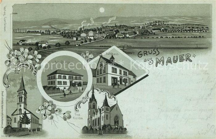 Mauer Baden Panorama Kirche Schulhaus Rathaus Deutsche Reichspost Litho