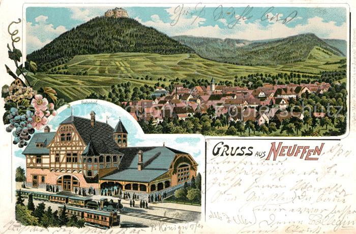Neuffen Panorama mit Burg Bahnhof Litho