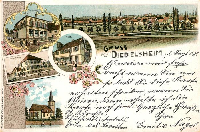 Diedelsheim Panorama Schulhaus Pfarrhaus Post Kirche Litho