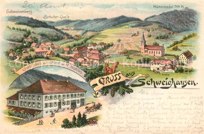 Schweighausen Schuttertal Panorama Gasthaus Deutsche Reichspost Litho