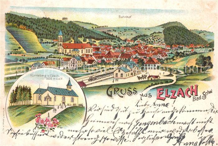 Elzach Totalansicht Bahnhof Hoernleberg Kirche Deutsche Reichspost Litho