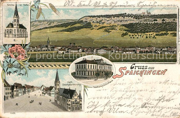 Spaichingen Totalansicht Kirche Schulhaus Litho