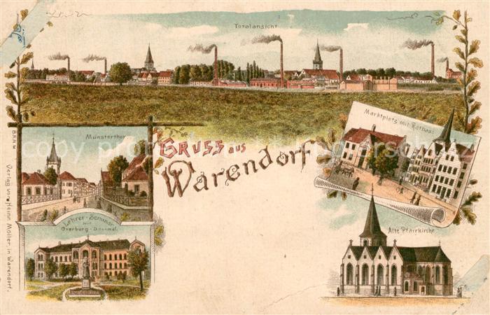 Warendorf Totalansicht Muenstertor Lehrerseminar Kirche Marktplatz Rathaus Litho