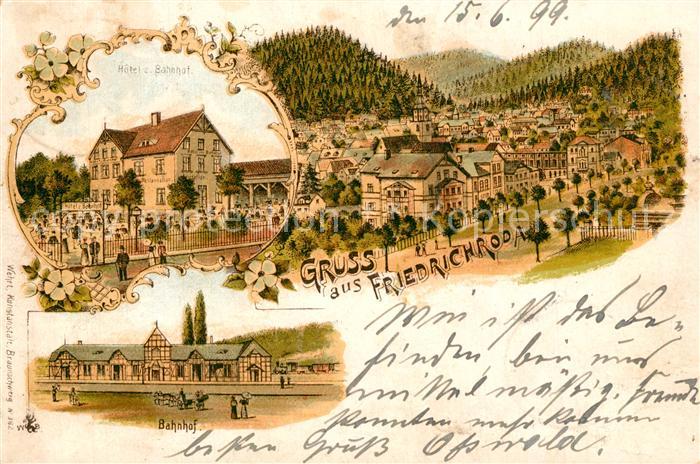 Friedrichroda Stadtbild mit Kirche Hotel Bahnhof Litho