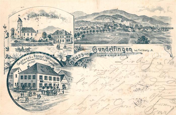 Gundelfingen Breisgau Panorama Schwarzwald Kirche Schulhaus Gasthaus Litho