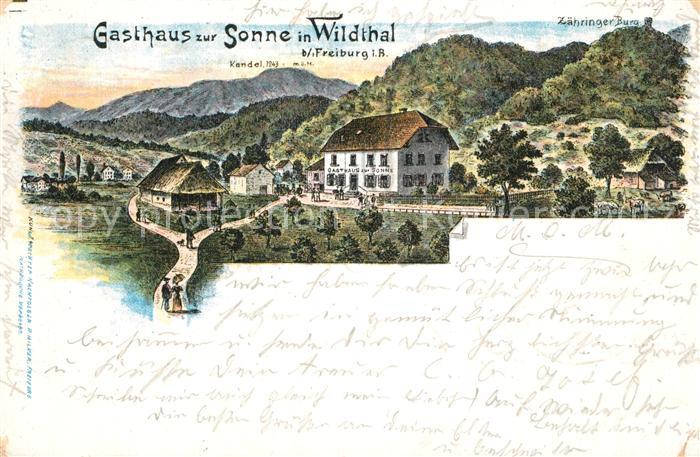 Wildtal Gasthaus zur Sonne Zaehringer Burg Kandel Schwarzwald Litho