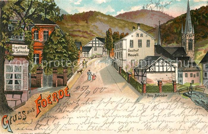 Foerde Ansicht mit Kirche Gasthof Deutsche Reichspost Litho