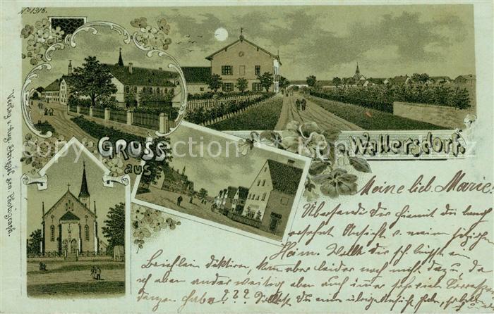 Wallersdorf Ansicht im Mondschein Kirche Hauptstrasse Koenigreich Bayern Litho