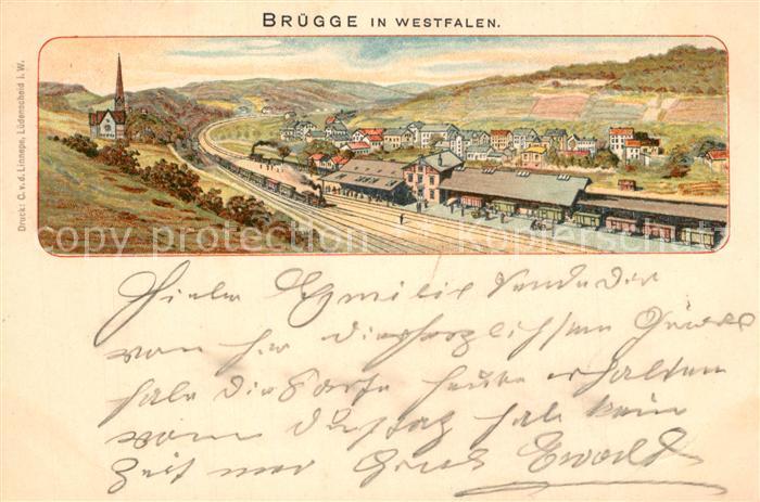 Bruegge Luedenscheid Panorama Bahnhof Kirche Litho Deutsche Reichspost