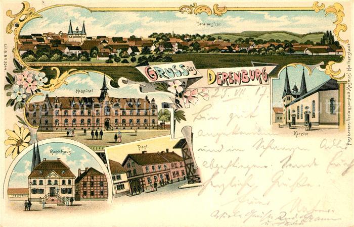 Derenburg Totalansicht Hospital Kirche Rathaus Post Deutsche Reichspost Litho