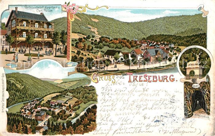 Treseburg Harz Totalansicht Gartenwirtschaft Wilhelmsblick Hirsch Statue