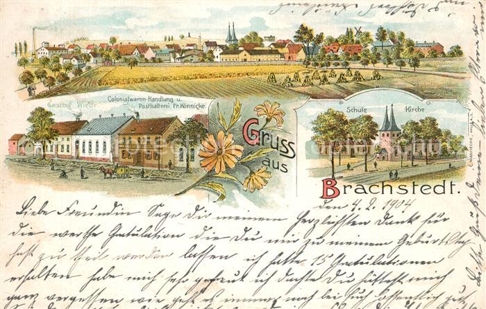 Brachstedt Totalansicht Kolonialwarenhandlung Schule Kirche Litho