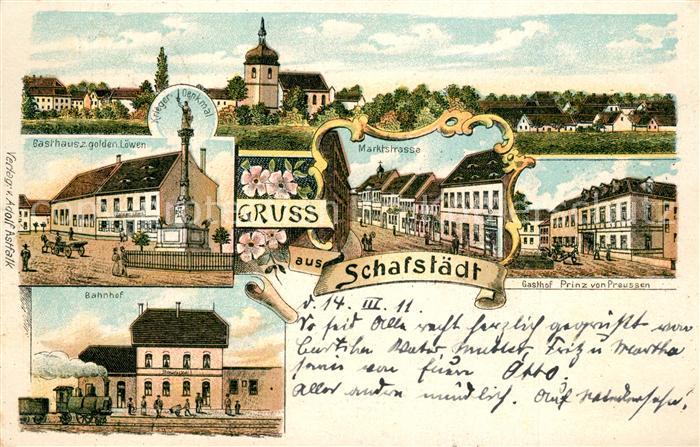 Schafstaedt Ansicht mit Kirche Gasthaus Marktstrasse Kriegerdenkmal Bahnhof Lith