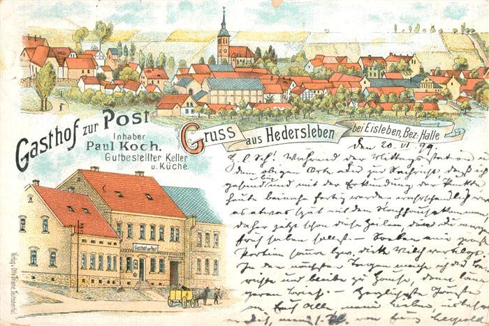 Hedersleben Eisleben Ansicht mit Kirche Gasthof zur Post Litho