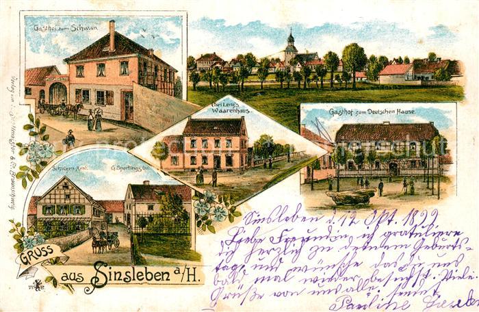 Sinsleben Ansicht mit Kirche Gasthof Warenhaus Deutsche Reichspost Litho