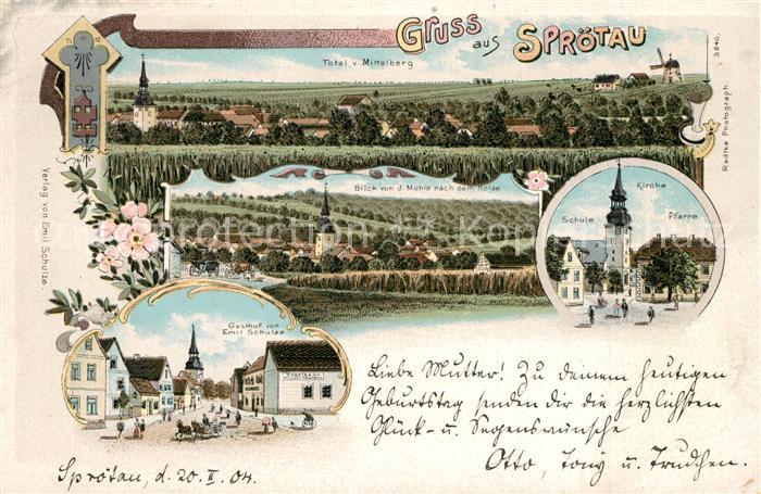 Sproetau Totalansicht Kirche Schule Pfarre Gasthof Landschaft Litho