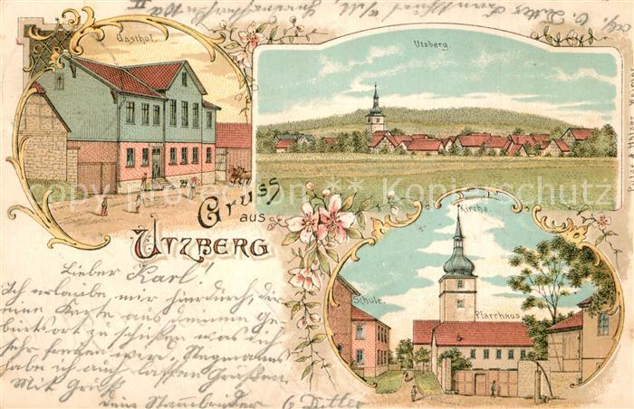 Utzberg Ansicht mit Kirche Pfarrhaus Gasthof Litho