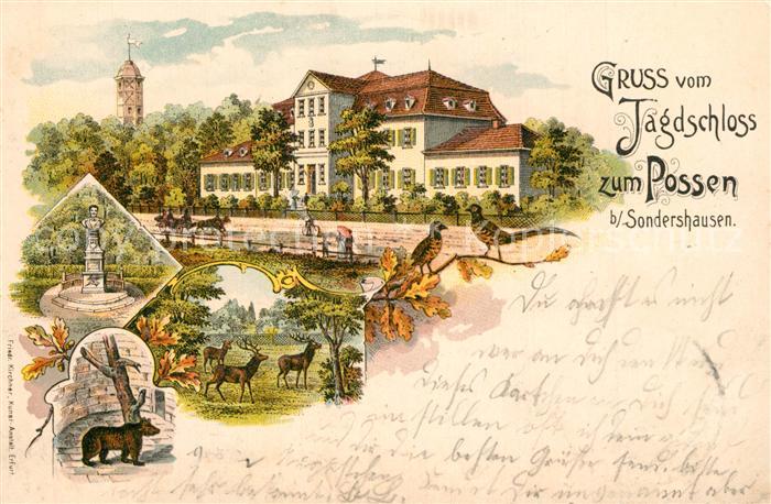 Sondershausen Thueringen Jagdschloss zum Possen Denkmal Tiere Litho
