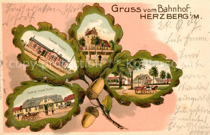 Herzberg Mark Bahnhof Gasthof Kirche Eichenblatt Litho