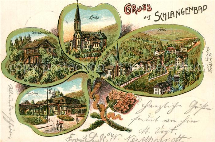 Schlangenbad Taunus Totalansicht Schweizerhaus Kirche Kurhaus Eichenblatt Litho