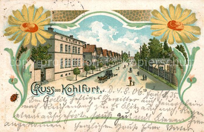 Kohlfurt Schlesien Strassenpartie Blumen Litho