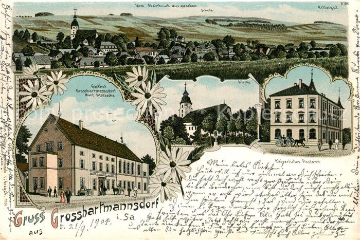 Grosshartmannsdorf Totalansicht Gasthof Kirche Kaiserliches Postamt Litho