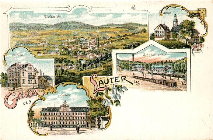Lauter Schwarzenberg Erzgebirge Panorama Kirche Bahnhof Schule Postamt Litho