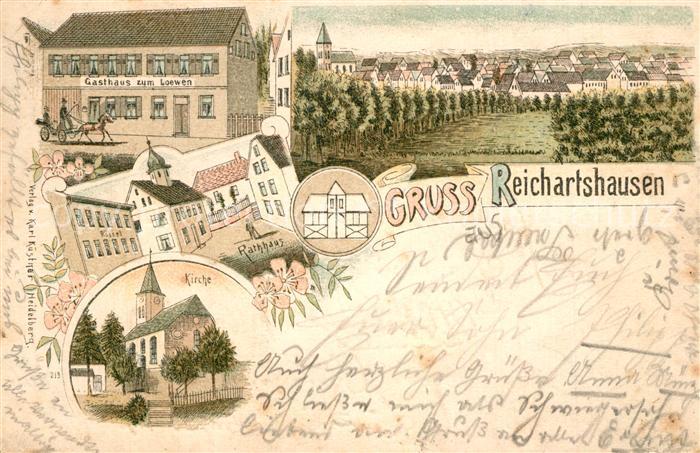 Reichartshausen Baden Panorama Gasthaus Rathaus Kirche Deutsche Reichspost Litho