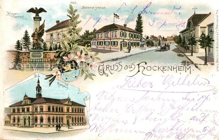 Hockenheim Bahnhofstrasse Kriegerdenkmal Rathaus Litho