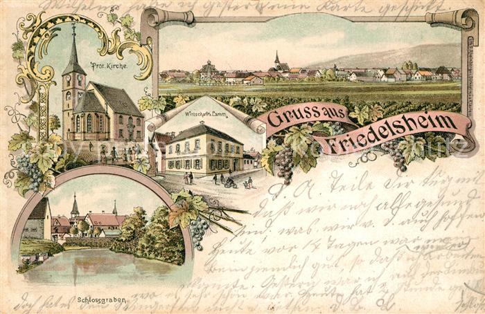 Friedelsheim Ansicht mit Kirche Gasthof Schlossgraben Litho