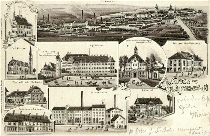 Altshausen Totalansicht Rathaus Kirche Post Buchdruckerei Bahnhof Schloss Litho