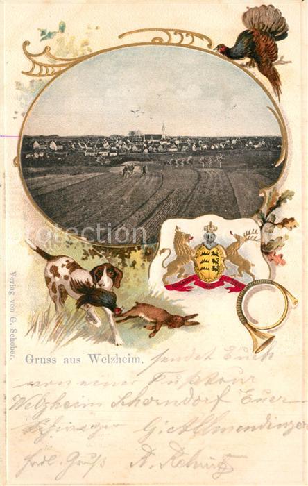Welzheim Panorama Feldarbeit Jagdhund Truthahn Wappen Horn Musikinstrument
