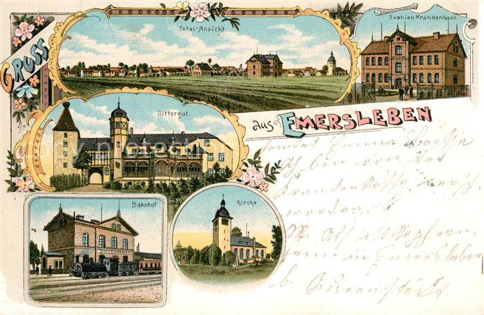 Emersleben Totalansicht Krankenhaus Rittergut Bahnhof Kirche Litho