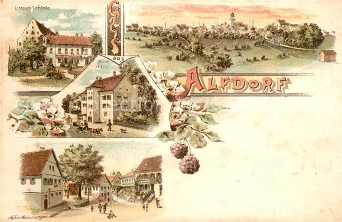 Alfdorf Panorama Schloss Strassenpartie Litho