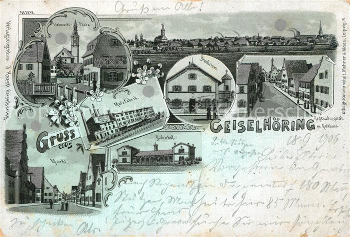 Geiselhoering Stadtpanorama Viehmarktplatz Kirche Malzfabrik Rathaus Litho