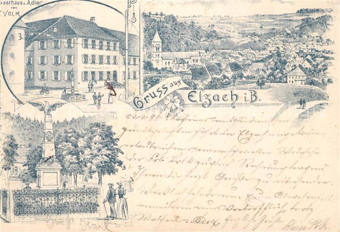 Elzach Panorama Gasthaus Denkmal Deutsche Reichspost Litho