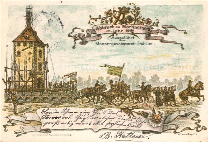 Freiburg Breisgau Abbruch des Martinstors Maennergesangverein Frohsinn Litho