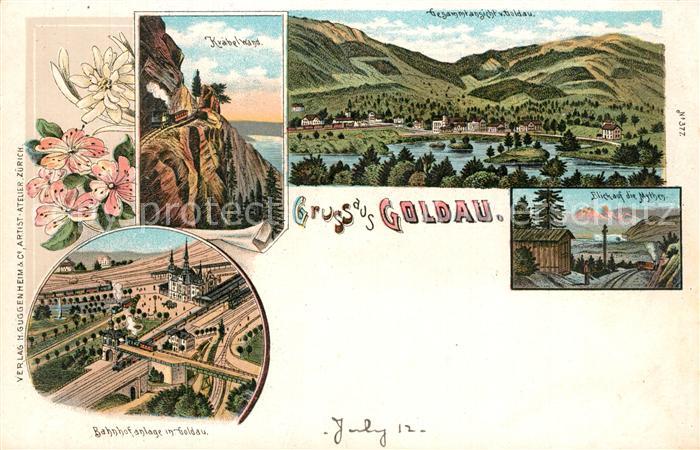 Goldau SZ Krabelwand Gesamtansicht Bahnhofanlage Blick auf die Mythen