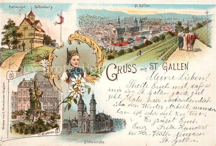 St Gallen SG Restaurant Falkenburg Boerse mit Brunnen Stiftskirche
