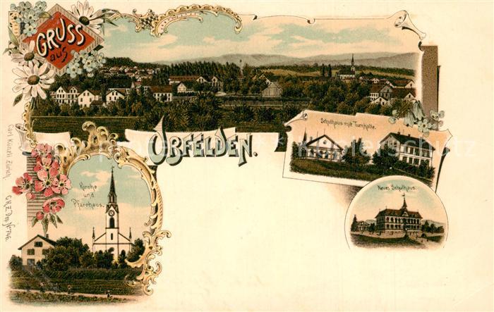 Obfelden Panorama Schulhaus mit Turnhalle Kirche und Pfarrhaus Neues Schulhaus