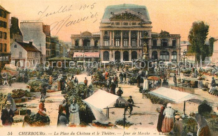 Cherbourg La Place du Chateau et le Theatre Jour de Marche